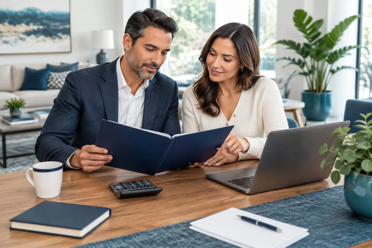 Pareja revisando su póliza y su presupuesto familiar