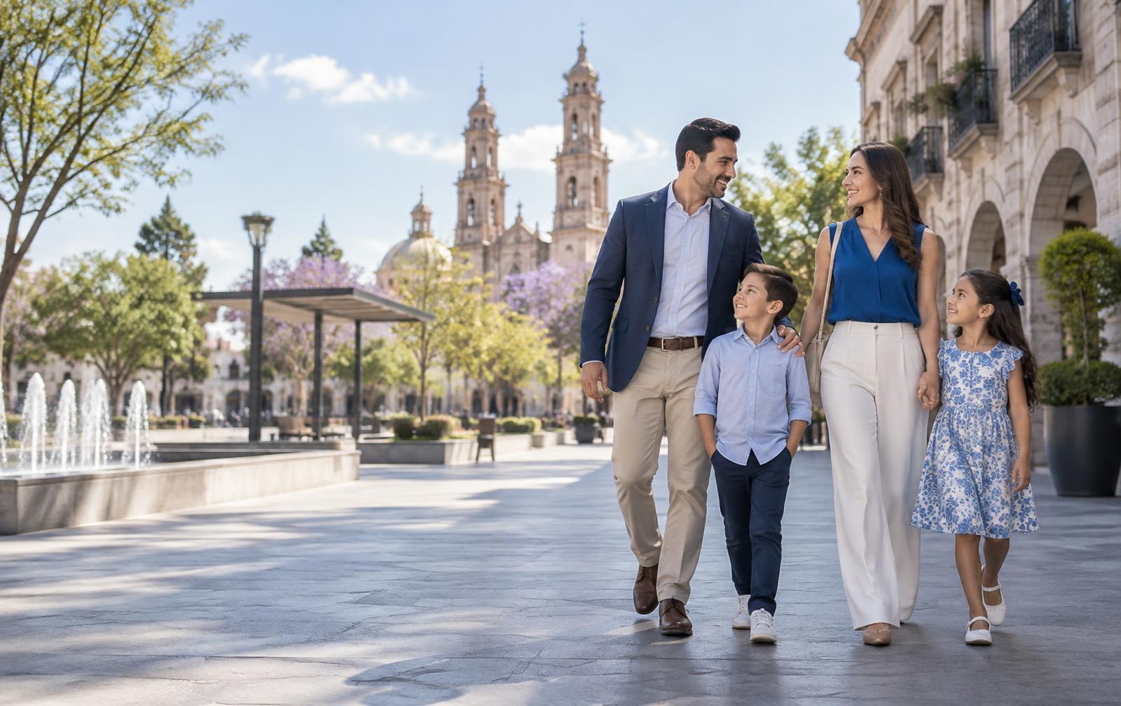 Familia caminando tranquila por una plaza